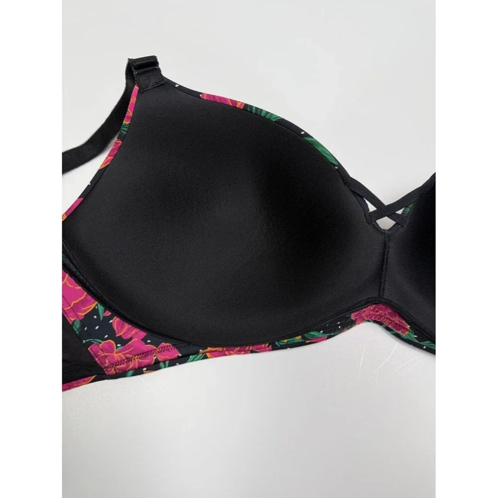 Torrid 40DDD Floral T-Shirt Bra Black Pink Full Coverage Underwire Plus Size
